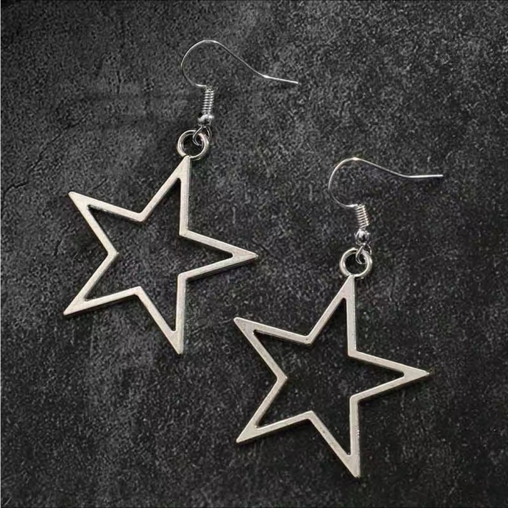 Large Star Shaped Hoop Dangle Earrings Silver Tone